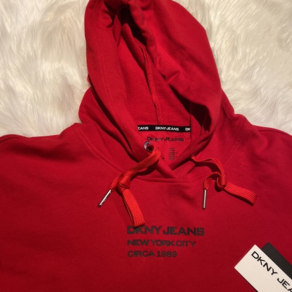 DKNY Jeans Red Hoodie Long Sleeve Hooded Sweater with Raw Hem Size Small NWT - Picture 3 of 6